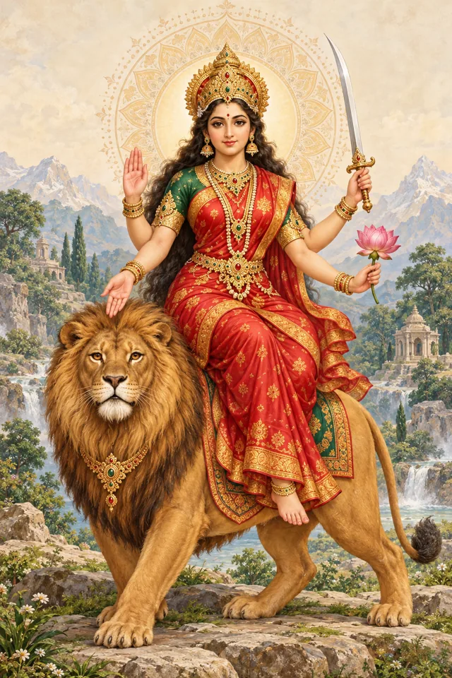 Four-armed Maa Katyayani with a sword, lotus and blessing gestures, seated on a lion