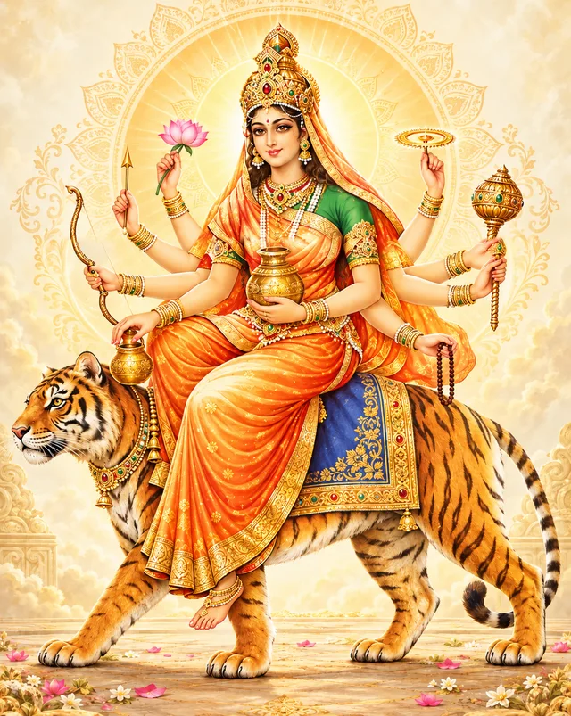 Eight-armed Maa Kushmanda with a radiant halo, lotus, arrow, bow, two vessels, discus, mace and rosary, seated on a striped tiger