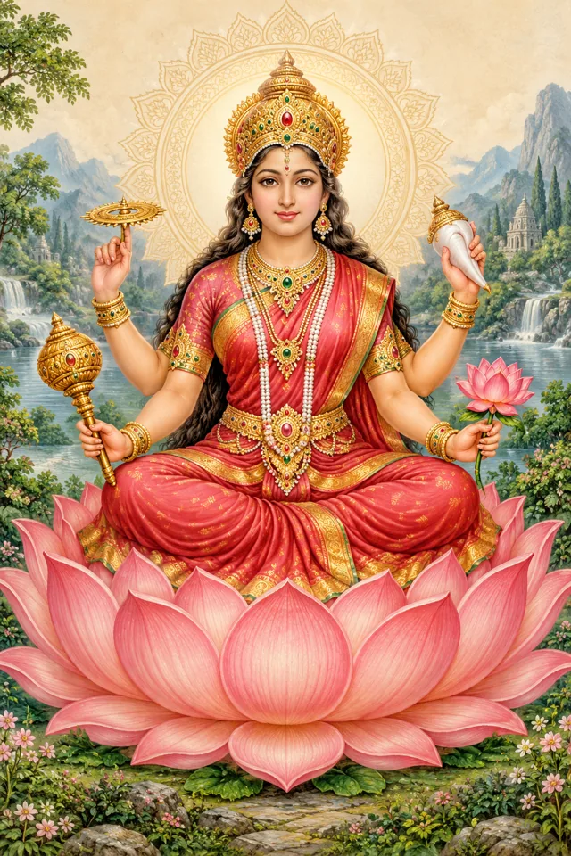 Four-armed Maa Siddhidatri seated on a pink lotus, holding a discus, conch, mace and lotus